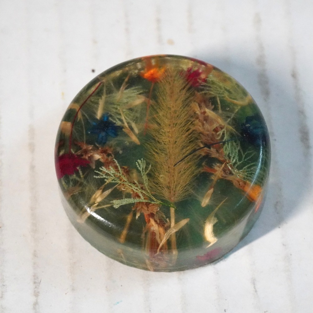 Vtg Lucite Resin Paperweight with Dried Flowers Botanical‎ Decor Desk Accessory